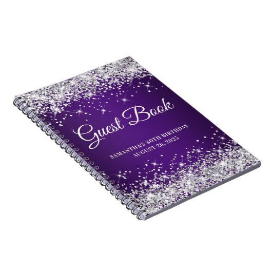 Silver Glitter Royal Paars 80th Bday Guestbook Notitieboek (Rechterzijde)