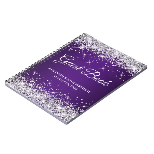 Silver Glitter Royal Paars 80th Bday Guestbook Notitieboek (Linkerzijde)