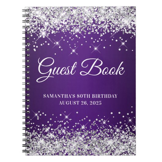 Silver Glitter Royal Paars 80th Bday Guestbook Notitieboek (Voorkant)