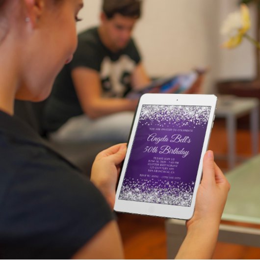 Silver Glitter Royal Paars Monogram 50e verjaardag Kaart