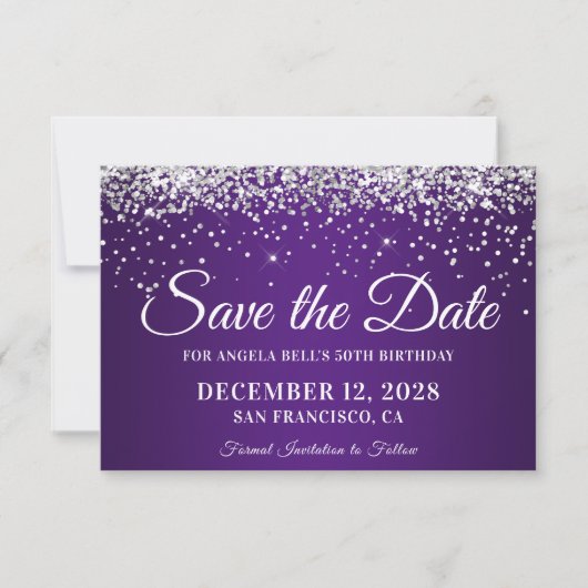 Silver Glitter Royal Paars Ombre 50th Birthday Save The Date (Voorkant)