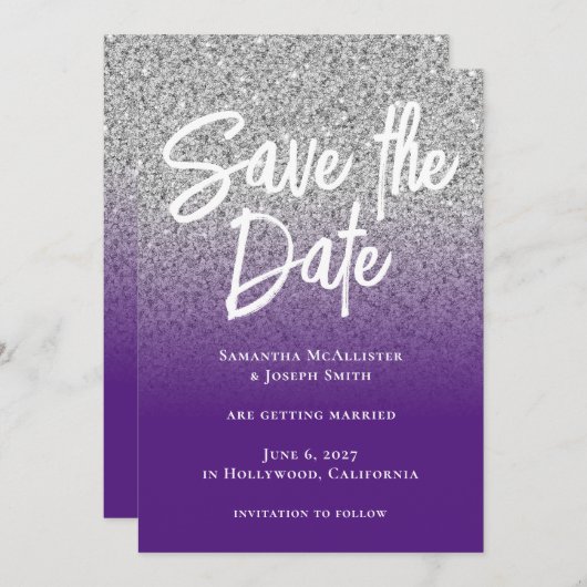 Silver Glitter Royal Paars Ombre Save The Date (Voorkant / Achterkant)