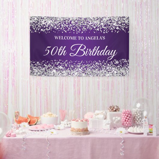 Silver Glitter Royal Paarse 50e Verjaardag Welkom Spandoek (Feest)