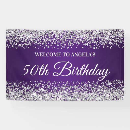 Silver Glitter Royal Paarse 50e Verjaardag Welkom Spandoek (Horizontaal)