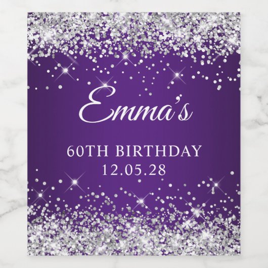 Silver Glitter Royal Paarse 60ste verjaardag Wijn Etiket (Enkel label)