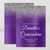 Silver Glitter Royal Paarse Folie Quinceañera Kaart (Voorkant / Achterkant)