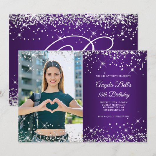 Silver Glitter Royal Paarse foto 18e verjaardag Kaart (Voorkant / Achterkant)