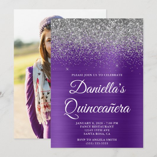 Silver Glitter Royal Paarse foto Quinceañera Kaart (Voorkant / Achterkant)