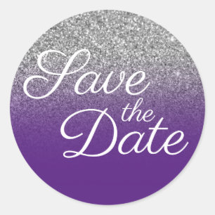 Silver Glitter Royal Paarse Ombre Save the Date Ronde Sticker