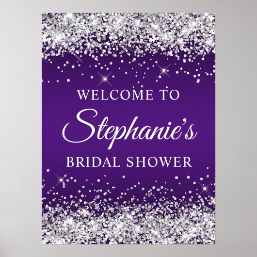 Silver Glitter Royal Purple Bridal Shower Welcome Poster (Voorkant)
