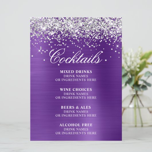Silver Glitter Royal Purple Foil Cocktails Bar Menu (Staand voorkant)
