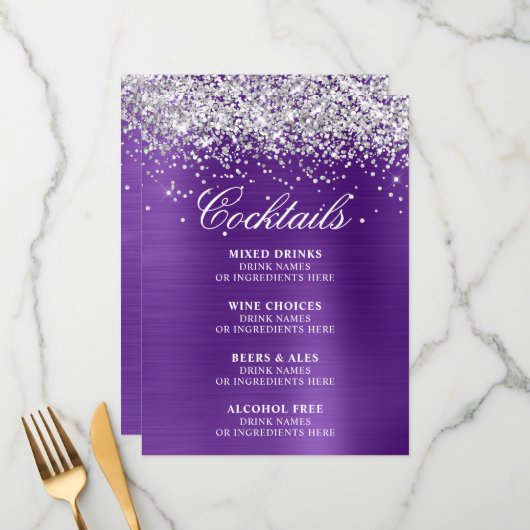 Silver Glitter Royal Purple Foil Cocktails Bar Menu (Voorkant / Achterkant in situ)
