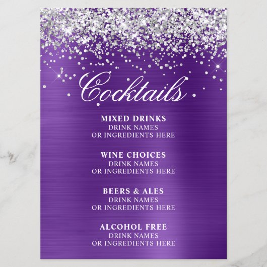 Silver Glitter Royal Purple Foil Cocktails Bar Menu (Voorkant)