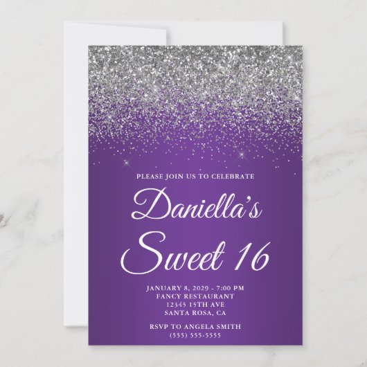 Silver Glitter Royal Purple Gradient Sweet 16 Kaart (Voorkant)