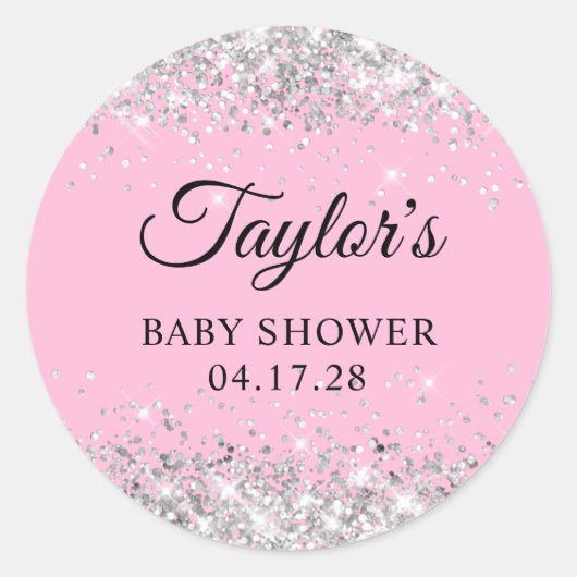 Silver Glitter Roze Baby shower Ronde Sticker (Voorkant)