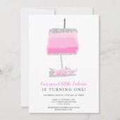 Silver glitter roze bloemcake voor eerste verjaard kaart (Voorkant)