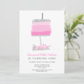 Silver glitter roze bloemcake voor eerste verjaard kaart (Staand voorkant)