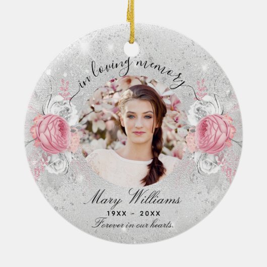 Silver glitter roze florals foto-herdenking keramisch ornament (Achterkant)
