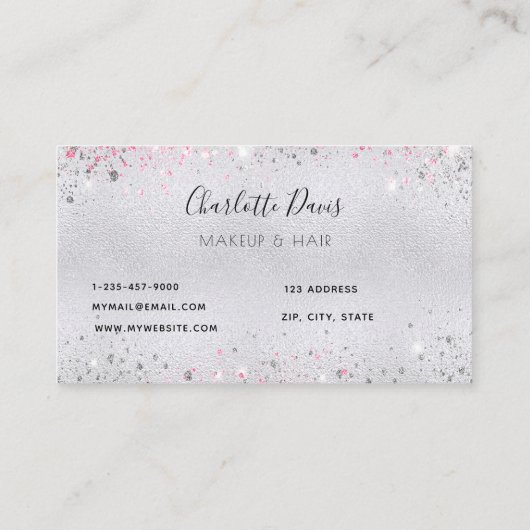 Silver glitter roze florals make-up hair schoonhei visitekaartje (Achterkant)