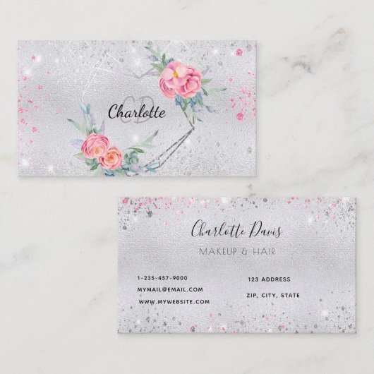 Silver glitter roze florals make-up hair schoonhei visitekaartje (Voorkant / Achterkant)