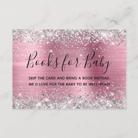 Silver Glitter Roze Folie Boeken voor Baby Informatiekaartje (Voorkant)
