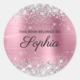 Silver Glitter Roze Folie Elegant Kalligrafie Boek Ronde Sticker