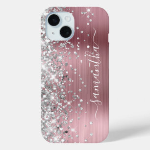 Silver Glitter Roze Folie Modern Girly Signature iPhone 15 Case