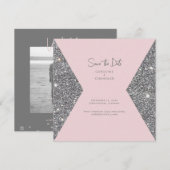 Silver Glitter & Roze foto Weduwnaar sparen de dat Save The Date (Voorkant / Achterkant)