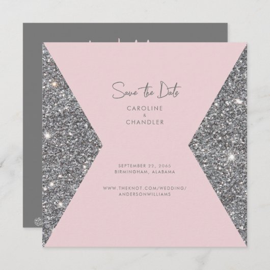 Silver Glitter & Roze foto Weduwnaar sparen de dat Save The Date (Voorkant / Achterkant)