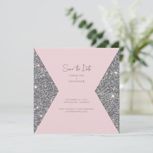 Silver Glitter & Roze foto Weduwnaar sparen de dat Save The Date (Staand voorkant)