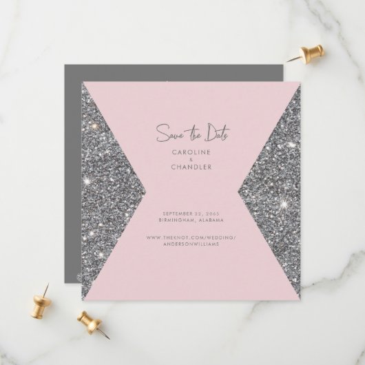 Silver Glitter & Roze foto Weduwnaar sparen de dat Save The Date (Voorkant / Achterkant in situ)