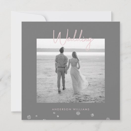 Silver Glitter & Roze foto Weduwnaar sparen de dat Save The Date (Achterkant)