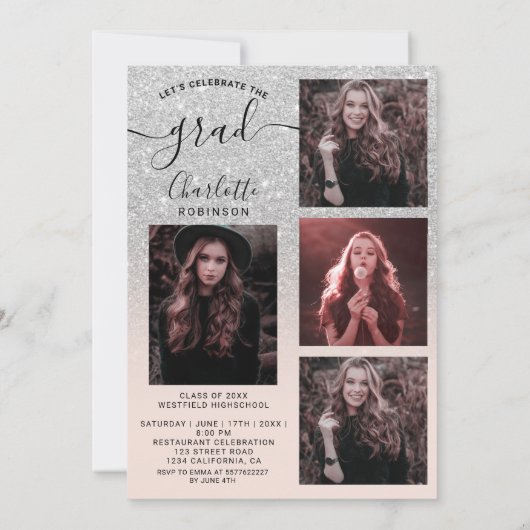 Silver glitter roze ombre 5 foto's afstuderen kaart (Achterkant)