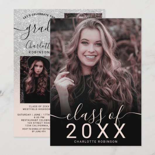 Silver glitter roze ombre 5 foto's afstuderen kaart (Voorkant / Achterkant)