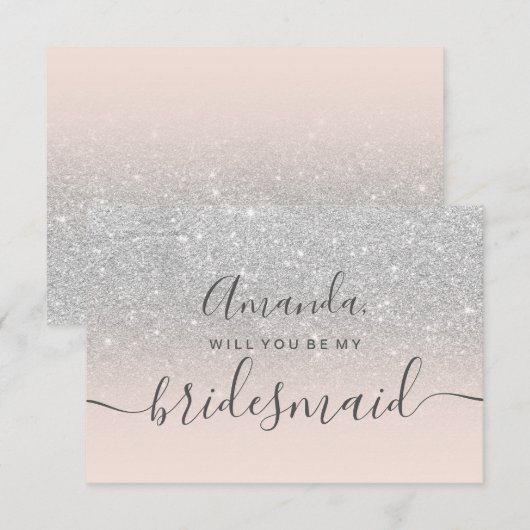 Silver glitter roze ombre script mijn bridesmaid kaart (Voorkant / Achterkant)