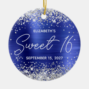 Silver Glitter Sapphire Blue Fancy Sweet 16 Foto Keramisch Ornament
