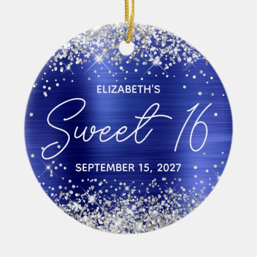 Silver Glitter Sapphire Blue Fancy Sweet 16 Foto Keramisch Ornament (Voorkant)