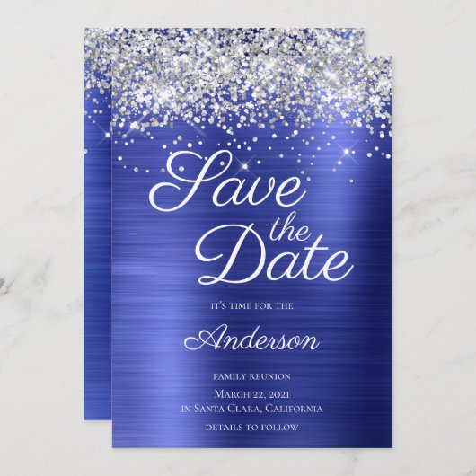 Silver Glitter Sapphire Blue Ombre Family Reunion Save The Date (Voorkant / Achterkant)