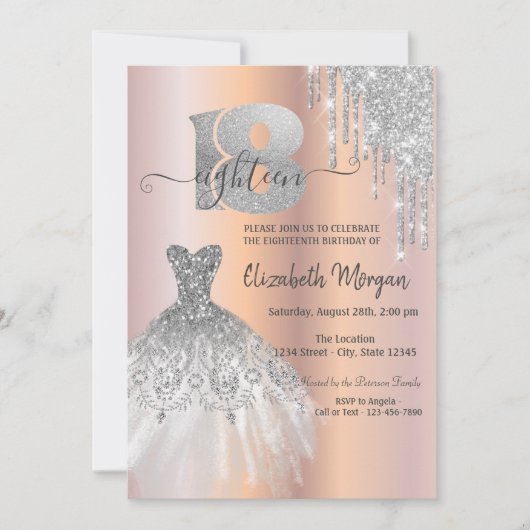 Silver Glitter-schijven Dress Roos Gold 18e verjaa Kaart (Voorkant)