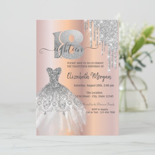 Silver Glitter-schijven Dress Roos Gold 18e verjaa Kaart (Staand voorkant)