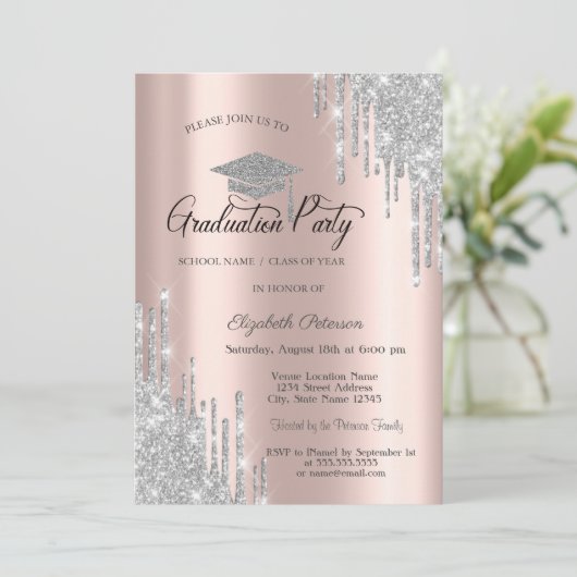 Silver Glitter-schijven, Roos Gold-Afstuderen Kaart (Staand voorkant)