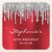 Silver Glitter schrijft Rode Folie 50e verjaardag Kartonnen Onderzetters (Voorkant)