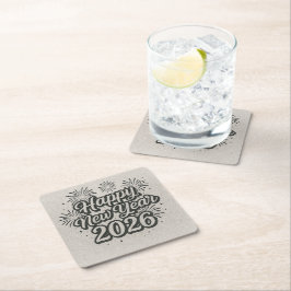 Silver Glitter Script & Black Gelukkig Nieuwjaar 2 Kartonnen Onderzetters