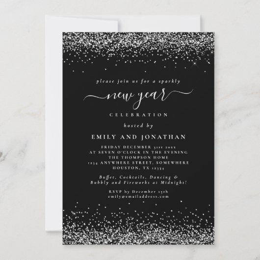 Silver Glitter Script Black, nieuw jaar oud Kaart (Voorkant)