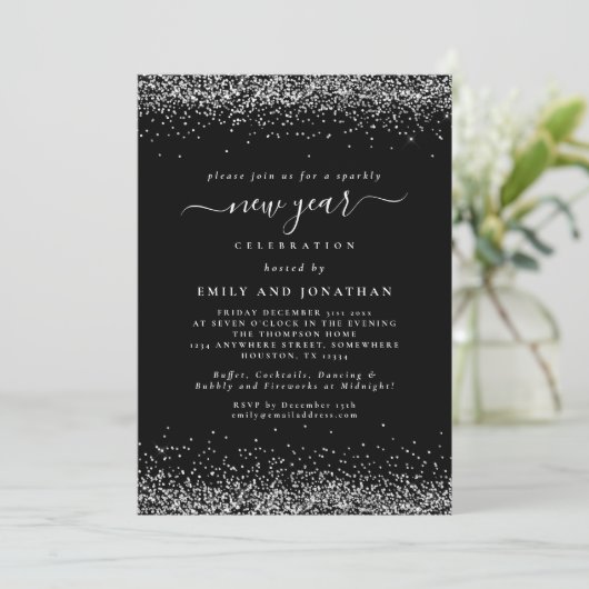 Silver Glitter Script Black, nieuw jaar oud Kaart (Staand voorkant)