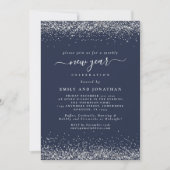Silver Glitter Script Blue New Yeve Party Kaart (Voorkant)