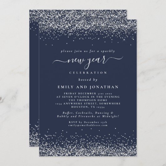 Silver Glitter Script Blue New Yeve Party Kaart (Voorkant / Achterkant)