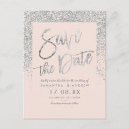 Silver glitter script knippert roze met de datum aankondigingskaart