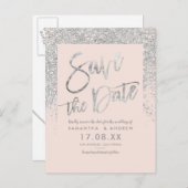 Silver glitter script knippert roze met de datum aankondigingskaart (Voorkant / Achterkant)