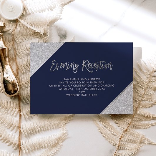 Silver glitter-script navy blue avondreceptie informatiekaartje
